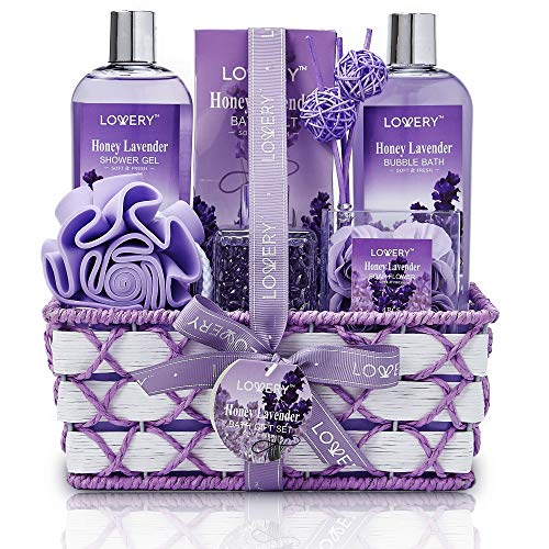 Mothers Day Gift Baskets for Mom, Bath & Body Gift Baskets For Women & Men, Honey Lavender Home Spa Set with Essential Oil Diffuser, Soap Flowers, Salts, Bubble Bath & More - 13pcs Presents for Mom