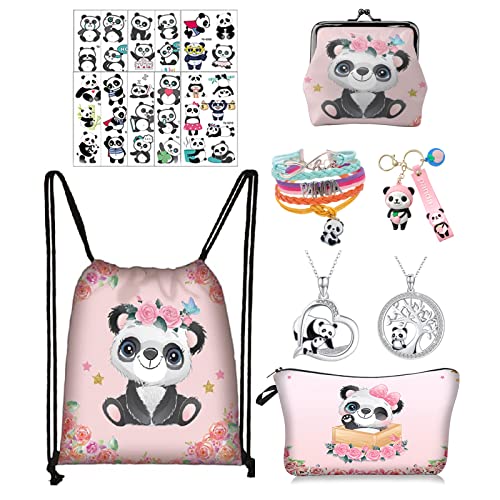 TATLETATLE Panda Gifts for Girls - Panda Drawstring Backpack/Makeup Bag/Coin Purse/Bracelet/Necklace/Keychain/Sticker, Birthday Decorations for Teen Girls(GR-Panda)