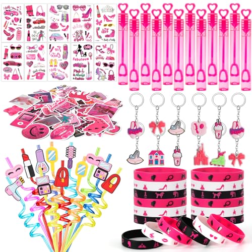 KELENO 110 Pink Party Favors Princess Birthday Supplies Straw Bubble Silicone Bracelet Keychain Tattoo Sticker Girl Kid Toy Gift Goodie Bag Stuffer Pinata Filler Makeup Party Decorations