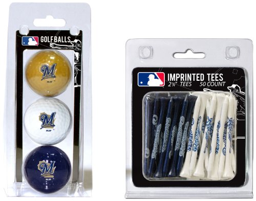 Team Golf MLB Milwaukee Brewers 3 Golf Balls And 50 Golf Tees Logo Imprinted Golf Balls (3 Count) & 2-3/4' Regulation Golf Tees (50 Count), Multi Colored