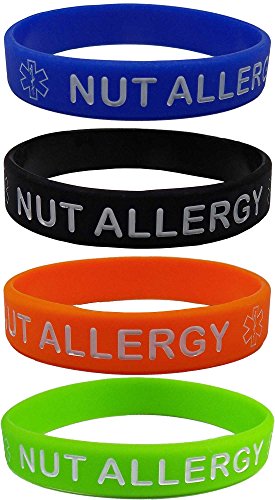 'NUT Allergy' Silicone Wristbands - Blue, Orange, Green and Black (4 Pack) (Very Small Size 5-1/2 inches)
