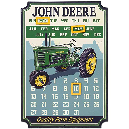 John Deere Calendar - Vintage Embossed Metal John Deere Sign with Magnets for Office, Kitchen or Man Cave Green