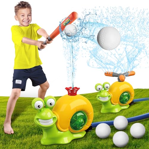 VATOS Water Sprinkler Baseball Toy for Kids Outdoor Play, 2 in 1 Snail Summer Water Game with 2 Sprinkler Heads, 360° Roating Spray Water Baseball for Boys Girls Summer Backyard Lawn Pool Party Fun