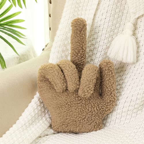 Menkxi Small Middle Finger Decorative Pillow 13.78 x 9.84 in Funny Shaped Sherpa Fleece Throw Pillow Warm Soft Plush Emoticon Cushion Middle Finger Decor for Couch Middle Finger Gag Gift(Light Brown)