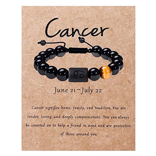 Zodiac Bracelet for Men Women 10mm Natural Black Onyx Stone Star Sign Constellation Horoscope Bracelet Gifts (Cancer)