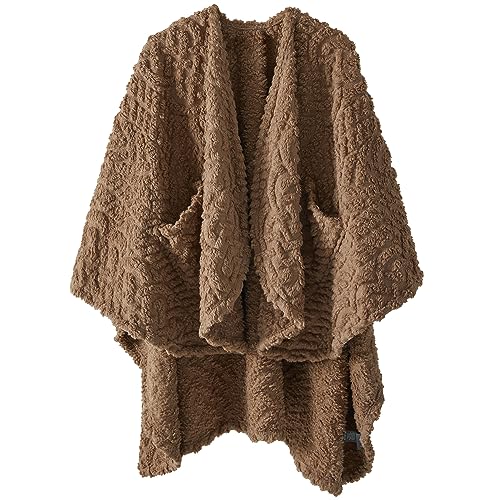 Royoliving Fuzzy Sherpa Wearable Fleece Blanket with Pockets for Adults, Ultra Soft Plush Shawl TV Throw Blankets (Brown, 58''x 64'')