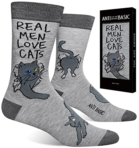 ANTI BASIC Men's Novelty Funny Cat Socks Gift（fits men shoe size 7-12）（grey cat）