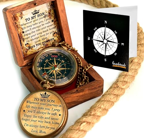to My Son Compass with Wooden Box-Mom to Son Compass–Mother to Son Gifts-Graduation Day Gifts for Son-Hiking Backpacking Compass-Birthday Confirmation Students Baptism Communion Compass for Women Men