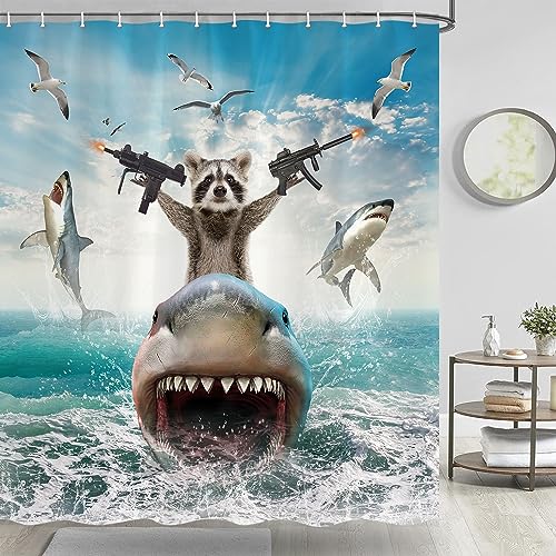 Funny Animal Shower Curtain, Cool Raccoon Riding Shark Theme Ocean Shower Curtain for Bathroom, Fun Nautical Kids Children Fabric Bath Curtain with 12 Hooks 69 x 70Inch