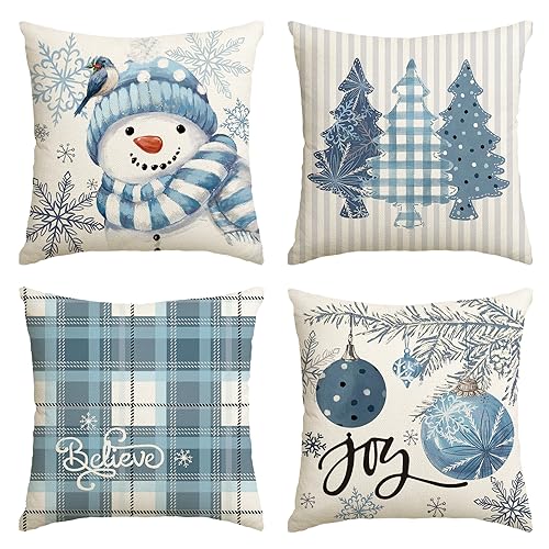 AVOIN colorlife Winter Snowman Joy Snowflake Christmas Throw Pillow Covers, 18 x 18 Inch Xmas Tree Winter Holiday Buffalo Plaid Cushion Case Decoration for Sofa Couch Set of 4