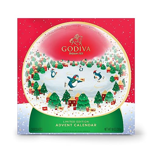 Godiva Chocolatier 2023 Deluxe Snowglobe Advent Calendar - Limited Edition 24-Piece Dark Milk and White Chocolate Assortment with Almonds, Caramel, and Mousse - 16.2 Ounce Holiday Gift Box