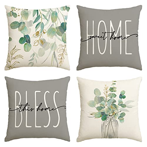 AVOIN colorlife Home Sweet Home Eucalyptus Leaves Throw Pillow Covers 18x18 Set of 4, Spring Summer Seasonal Decorations for Home