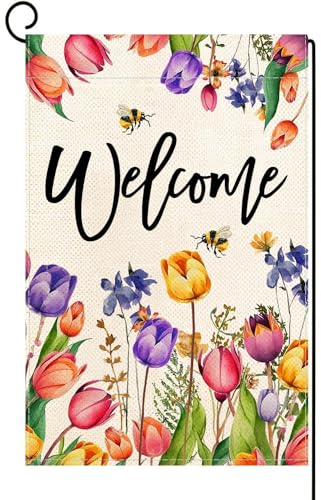 Baccessor Spring Summer Easter Tulip Welcome Garden Flag Double Sided Bee Colorful Floral Small Burlap Yard House Seasonal Farmhouse Outside Outdoor Decoration 12.5 x 18 Inch