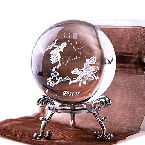 3D Inner Carving Constellation Ball Crystal Paperweight Full Sphere Glass Fengshui With Sliver-Plated Flowering Stand(Pisces)