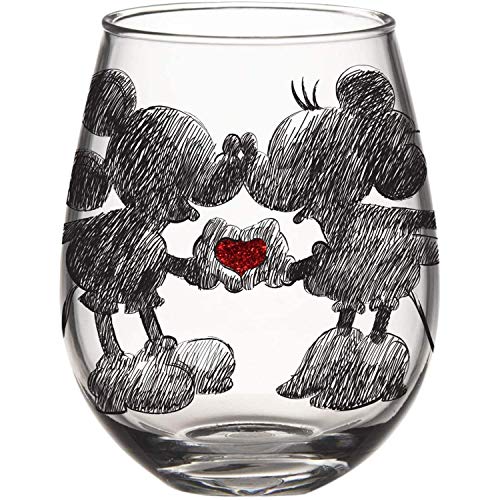 Silver Buffalo Disney Mickey and Minnie Classic Heart Glitter Stemless Wine Glass, 20 Ounces
