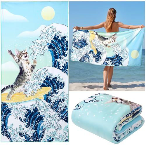 Funny Cat Beach Towel, Surfer Cat Beach Towel Battle Blue Ocean Great Wave Cotton Blend Soft Velour Absorbent for Kids Men Women Camping Towel for Gym, Hiking, Pool, Bath, Yoga,Travel Vacation