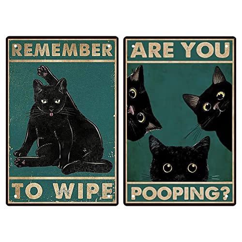 Aestalrcus 2 Pack Retro Tin Sign Vintage Black Cat Bathroom Wall Decor-Funny Are You Pooping Signs for Restroom Toilet, Great Gift for Cat Lovers 8X12inch