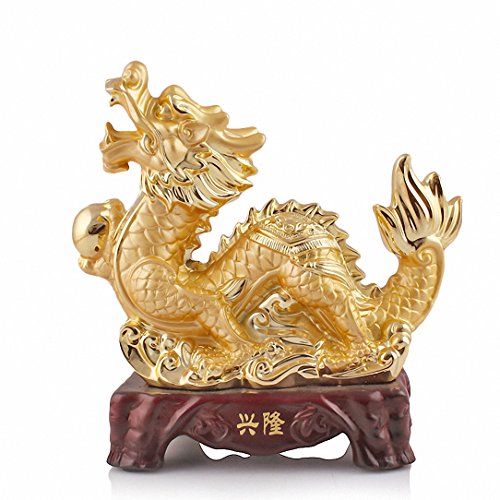 BOYULL Large Size Chinese Zodiac Dragon Golden Resin Collectible Figurines Table Decor Statue