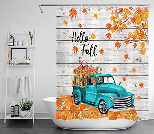 LB Hello Fall Shower Curtain Vintage Blue Truck Pumpkin Sunflower Autumn Maple Leaves Rustic Wood Plank Thanksgiving Harvest Shower Curtains for Bathroom Set Decor with Hooks 60x72 inch Fabric