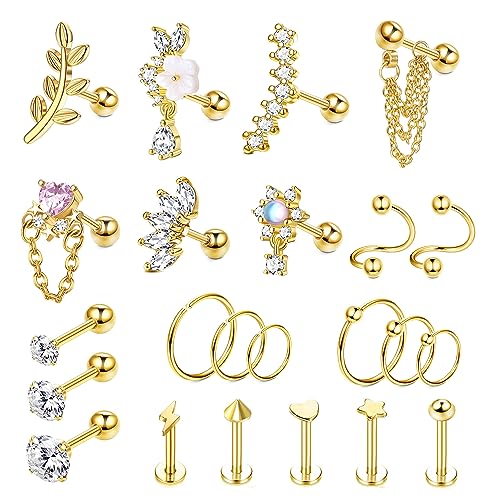 FIBO STEEL Cartilage Earring Conch Piercing Jewelry Helix Earrings Tragus Earrings for Women 16G 20G 316 Surgical Stainless Steel Opal CZ Labret Jewelry Cartilage Stud Gold