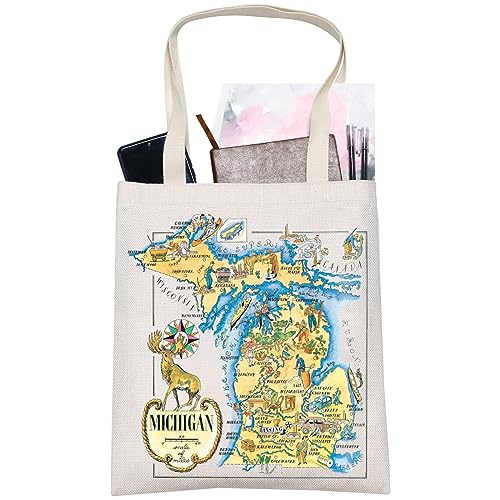 LEVLO Fun State Map Of Michigan Tote Bag Michigan Travel Souvenir Gift 1940’s Michigan Cartoon Illustration Shoulder Bag (MICHIGAN Tote)