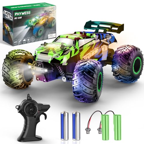 PHYWESS Remote Control Car, RC Cars Kids Toys for Boys 5-7, 2.4Ghz RC Truck Toys for Girls, Off Road Monster Truck Toys with Headlights & Car Body Lights, 20 KM/H RC Crawler Toy Cars Gifts for Kids