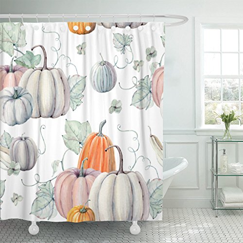 Emvency Shower Curtain Pattern Watercolor Pumpkins It is Thanksgiving Halloween Recipe Fall Bathroom Decor Waterproof Polyester Fabric 72 x 78 inches Set with Hooks