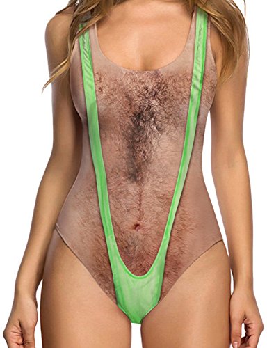 Uideazone Women Funny Chest Hair One Piece Bathing Suit Sexy Backless Padded Swimsuit Beach Wear,Chest Tan,X-Large/US 14