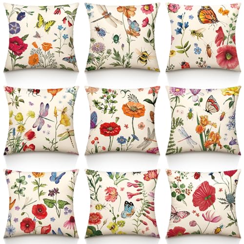 Mindsoft 9 Pcs Outdoor Patio Wildflower Throw Pillow Covers Summer Spring Garden Flowers Farmhouse Decor for Outside Furniture Bench Chair Decorative Cushion Cover