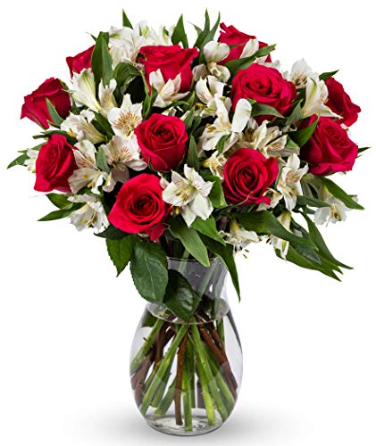 BENCHMARK BOUQUETS - Signature Roses & Alstroemeria (Glass Vase Included), Next-Day Delivery, Gift Mother’s Day Fresh Flowers