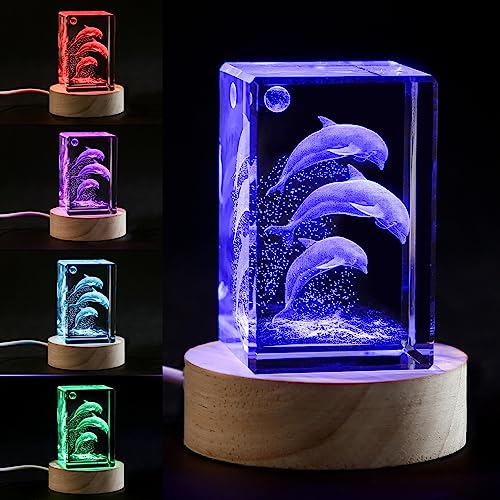 YouerCrystal 3D Crystal Dolphin Figurine Night Light with LED Light Base, Birthday Gift for Kids Women Unique, Thanksgiving Christmas Valentines Anniversary Birthday Gifts for Lovers (3D-Dolphin)