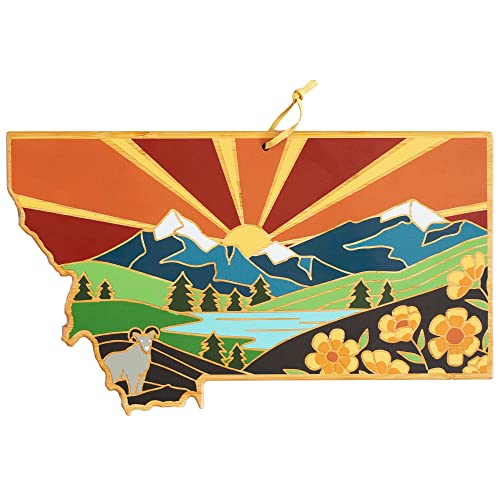 Totally Bamboo Montana State Shaped Cutting Board and Charcuterie Serving Platter with Artwork by Summer Stokes, Includes Hang Tie for Wall Display