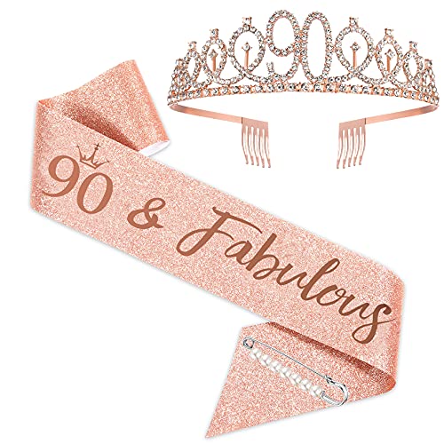 90th Birthday Sash and Tiara for Women, Rose Gold Birthday Sash Crown 90 & Fabulous Sash and Tiara for Women, 90th Birthday Gifts for Happy 90th Birthday Party Favor Supplies