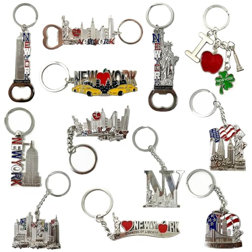12 Pack Silver NYC Souvenir Collection New York Metal Keychain Ring Bundle Bulk Includes Empire State, Freedom Tower, Statue Of Liberty, USA Flag,NY Cab, Apple, 3 Pc Bottle Opener too And More