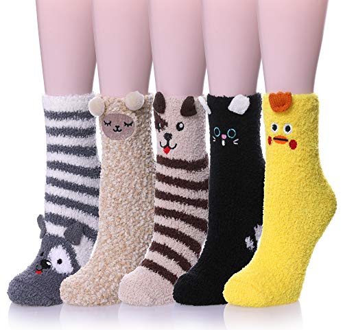 DYW Womens Soft Cute Funny Animal Designe Microfiber Slipper Socks Cozy Fuzzy Winter Warm Socks (5 Pairs Animal B)