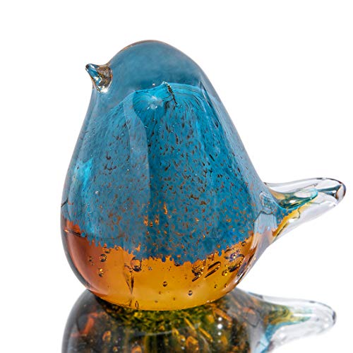 QFkris Handmade Glass Bird Blown Glass Figurine Collectible Glass Art Craft Gift for Christmas, Birthday Home Decor Blue Yellow Paper Weight