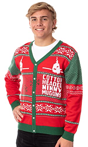 Bioworld ELF The Movie Men's Cotton Headed Ninny Muggins Button-Down Ugly Christmas Sweater (Large) Red