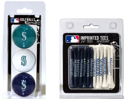 Team Golf MLB Seattle Mariners 3 Golf Balls And 50 Golf Tees Logo Imprinted Golf Balls (3 Count) & 2-3/4' Regulation Golf Tees (50 Count), Multi Colored