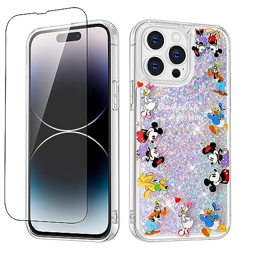 Threesee for iPhone 15 Cute Cartoon Case with Tempered Glass Screen Protector,Minnie Mickey Mouse Donald Duck Bling Glitter Liquid Quicksand Women Girls Kids Soft TPU Protective Cover