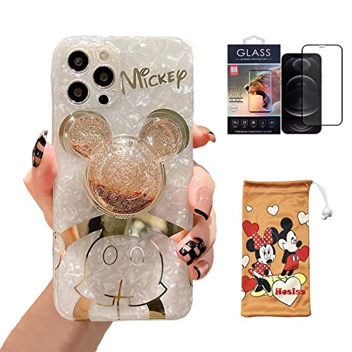 Hosiss Cartoon Case for iPhone 14 Pro Max 6.7' with HD Screen Protector, Mickey Mouse with Quicksand Cell Phone Holder Strap Soft TPU Shockproof Protective for Girls Women