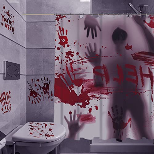 9 Pcs Halloween Shower Curtain 71 x 71 Window Stickers Help Me Hands Halloween Curtain Liner with Hooks Halloween Stickers Decorations Theme Decor Wall Decal