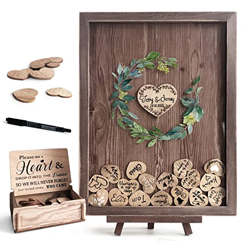 Y&K Homish Wedding Guest Book Alternative , Rustic Wedding Decorations for Reception , Favors for Guests 80 Hearts Green Wreath (Rustic Brown)