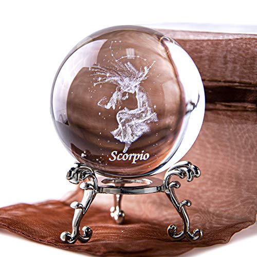 3D Laser Constellation Ball Crystal 60mm Paperweight Full Sphere Glass Fengshui With Sliver-Plated Flowering Stand(Scorpio)