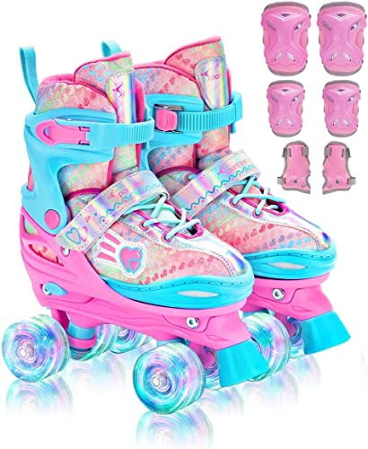 Roller Skates Girls Ages 5-8, Sportneer 4 Size Adjustable Toddler Roller Skates for Kids Light Up Roller Skates with Protective Gears Illuminating Wheels Gift (Pink, Small (12C-1.5Y))