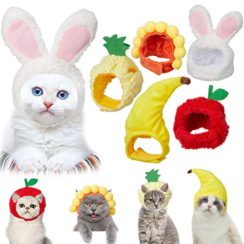 Weewooday 5 Pieces Cat Hat Cat Costume Bunny Hat with Ears Funny Banana Pineapple Cat Hat for Cats and Small Dogs Kitten Puppy Party Costume Accessory Headwear (Cute Style)