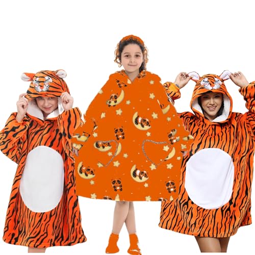 Moinlizy Blanket Hoodie Kids 6-12YR, Oversized Wearable Blanket Hoodie, Cozy Blanket Sweatshirt for Boy Girls, Warm Sherpa Hooded Blanket Kids Gift, Tiger