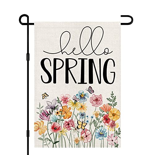 Hello Spring Floral Garden Flag 12x18 Inch Double Sided Burlap Outside, Flower Seasonal Sign Small Farmhouse Yard Outdoor Decoration DF235