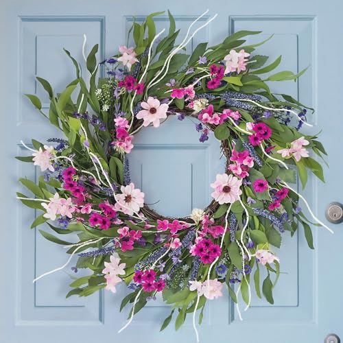 Spring Wreaths for Front Door Outside, Large Flower Summer Wreath, Daisy Pink Year Round Wreaths, Artificial Home Decor Decorations for Farmhouse Holiday (Pink)