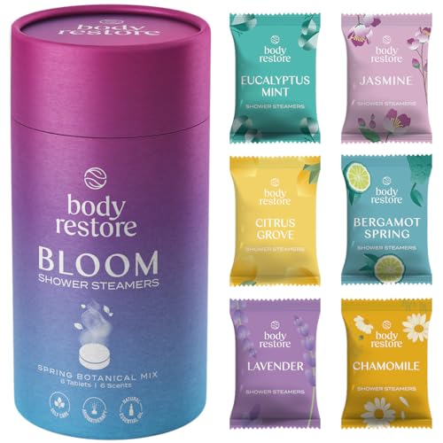 Body Restore Shower Steamers Aromatherapy 6 Packs - Mothers Day Gifts, Relaxation Birthday Gifts for Women and Men, Stress Relief and Effortless Self Care, Bloom Variety Scent Shower Bombs