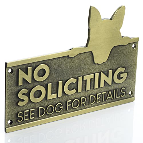 Tapeera No Soliciting Sign For House Funny For Dog Owners - Heavy Duty Metal Brass Finish Wall Plaque - See Dog For Details Decorative Anti-Rust No Solicitation Signs For Front Door - 6.5 x 4.6 inches